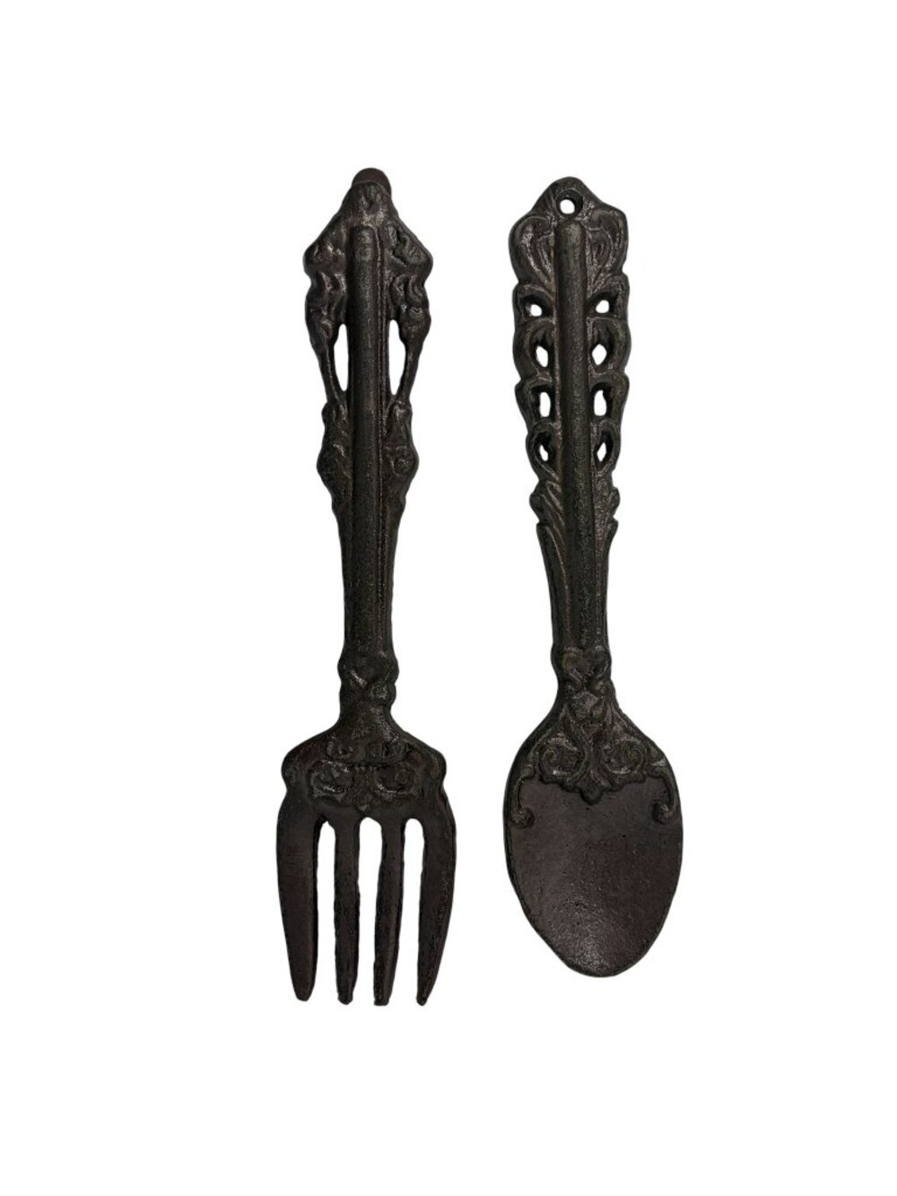 Cast Iron Fork and Spoon Wall Decor Set Ornate Scroll Rustic Kitchen Art Brown V